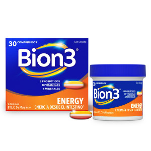 Bion3 Energy Comprimidos Multivitamínicos con Probióticos, Vitamina B12, C y Magnesio